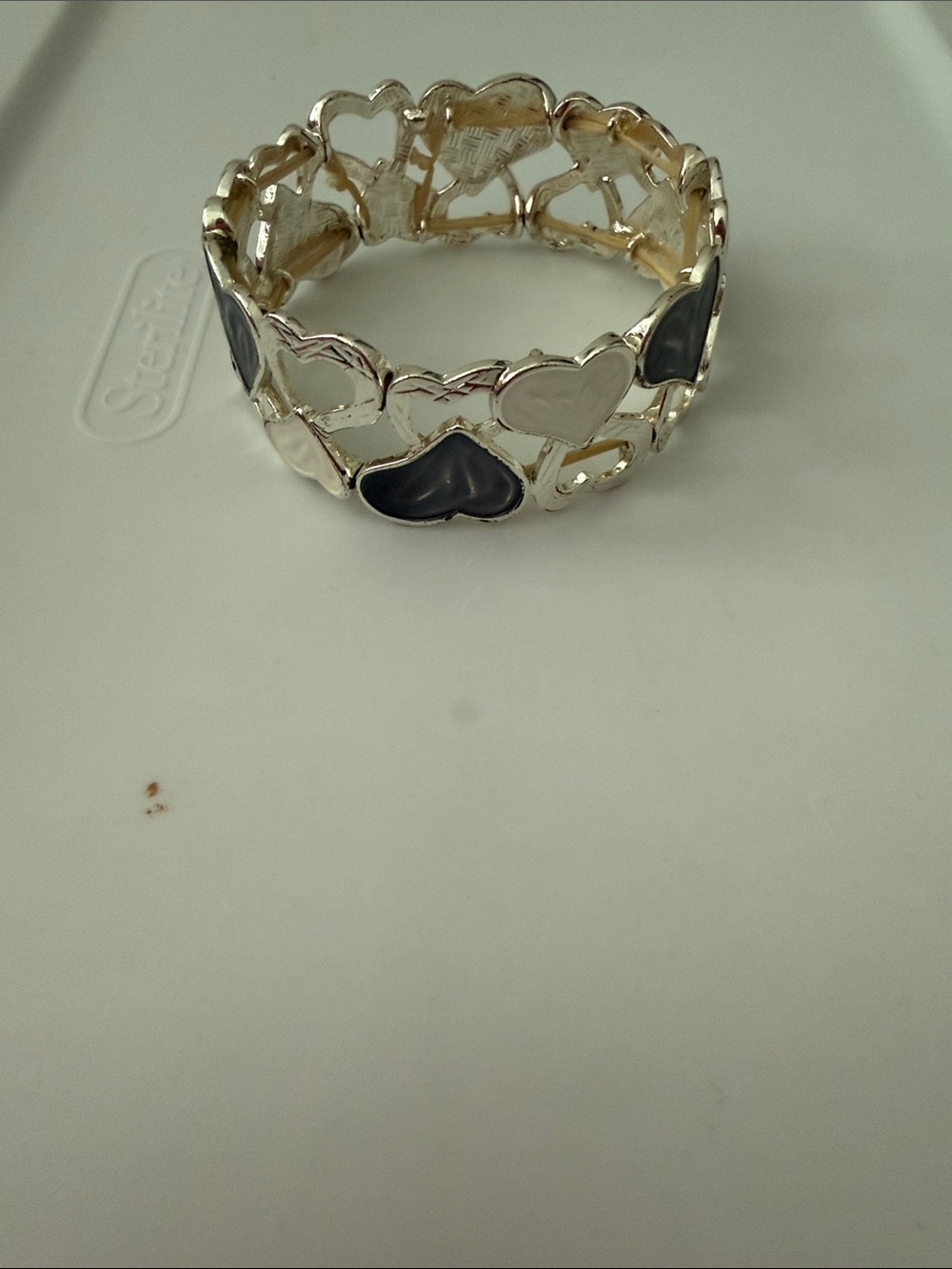 Silver Heart Link Bracelet with Black Enamel Accents